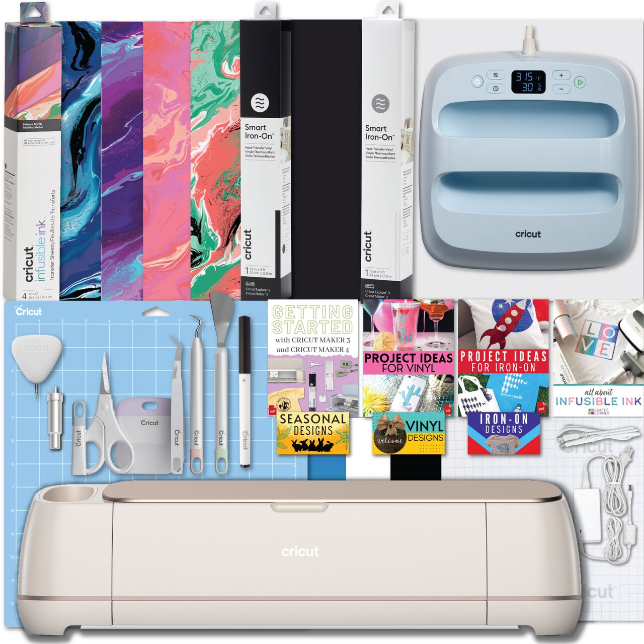 Cricut Maker 4 Cutting Machine and Easy Press 3 Machine with HTV Materials Bundle